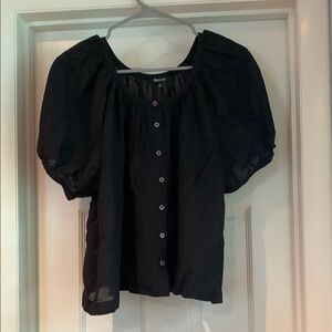 Black Puff Sleeve Button-Up Top